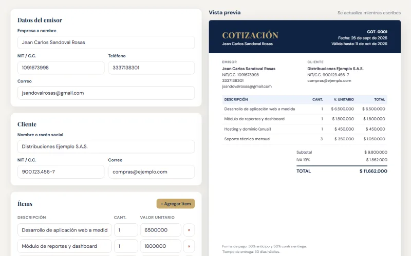 Captura de pantalla de Generador de Cotizaciones PDF