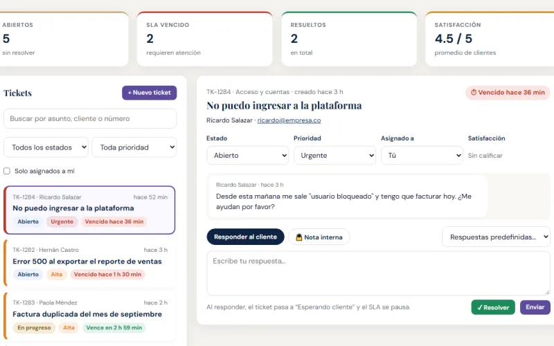 Captura de pantalla de Mesa de Ayuda (Tickets)