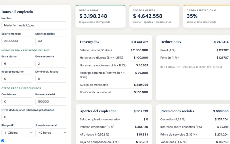 Captura de pantalla de Liquidador de Nómina Colombia